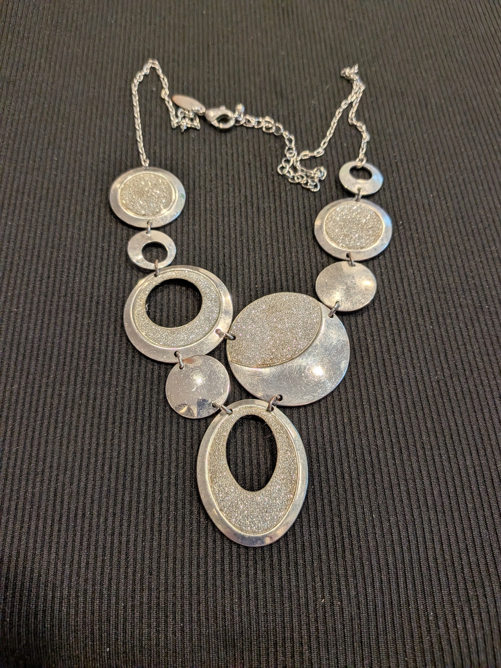B#2:Silver Tone Statement Circle & Oval Pendant Necklace 11.5" - Women Jewelry